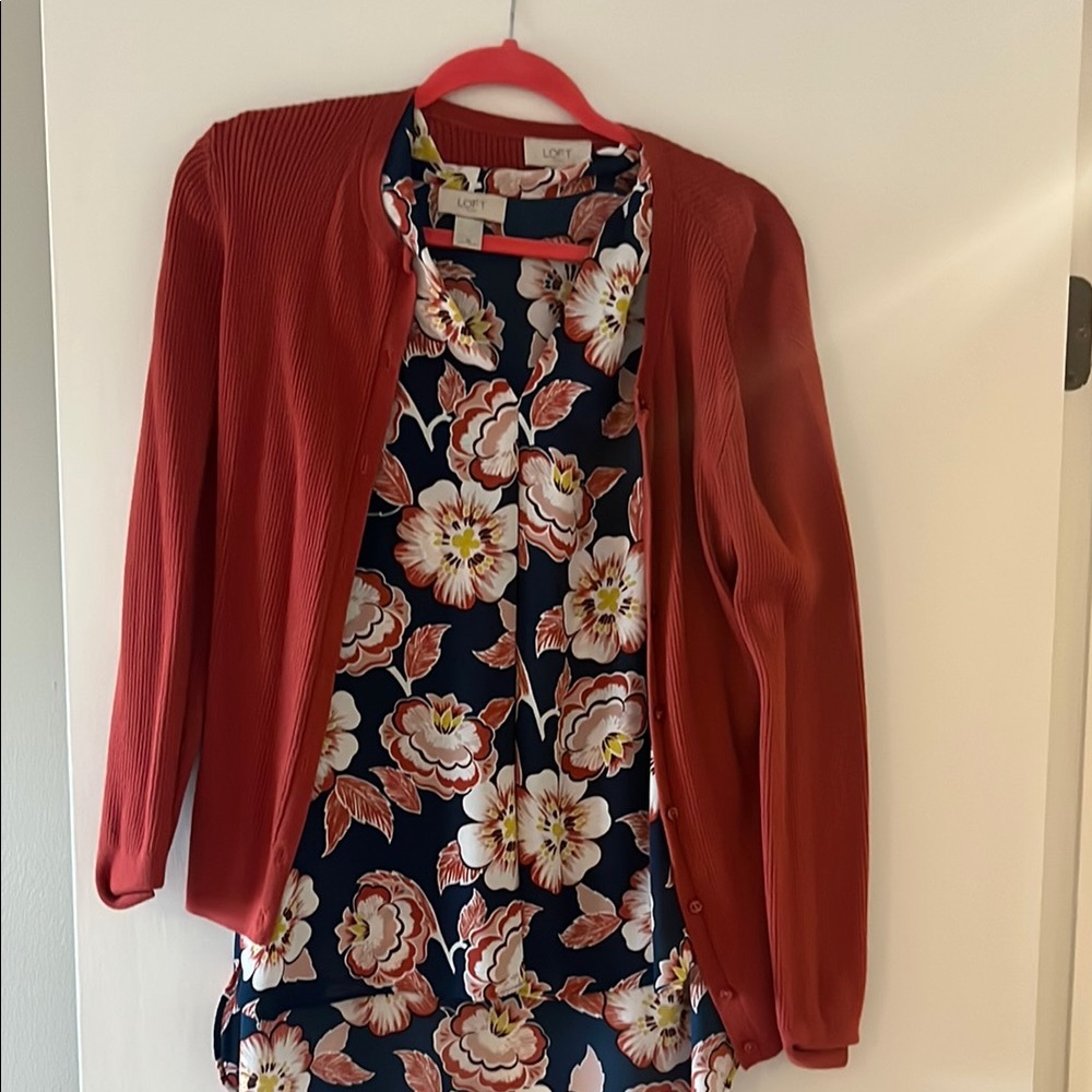 LOFT Floral tank style shirt burnt orange Cardigan